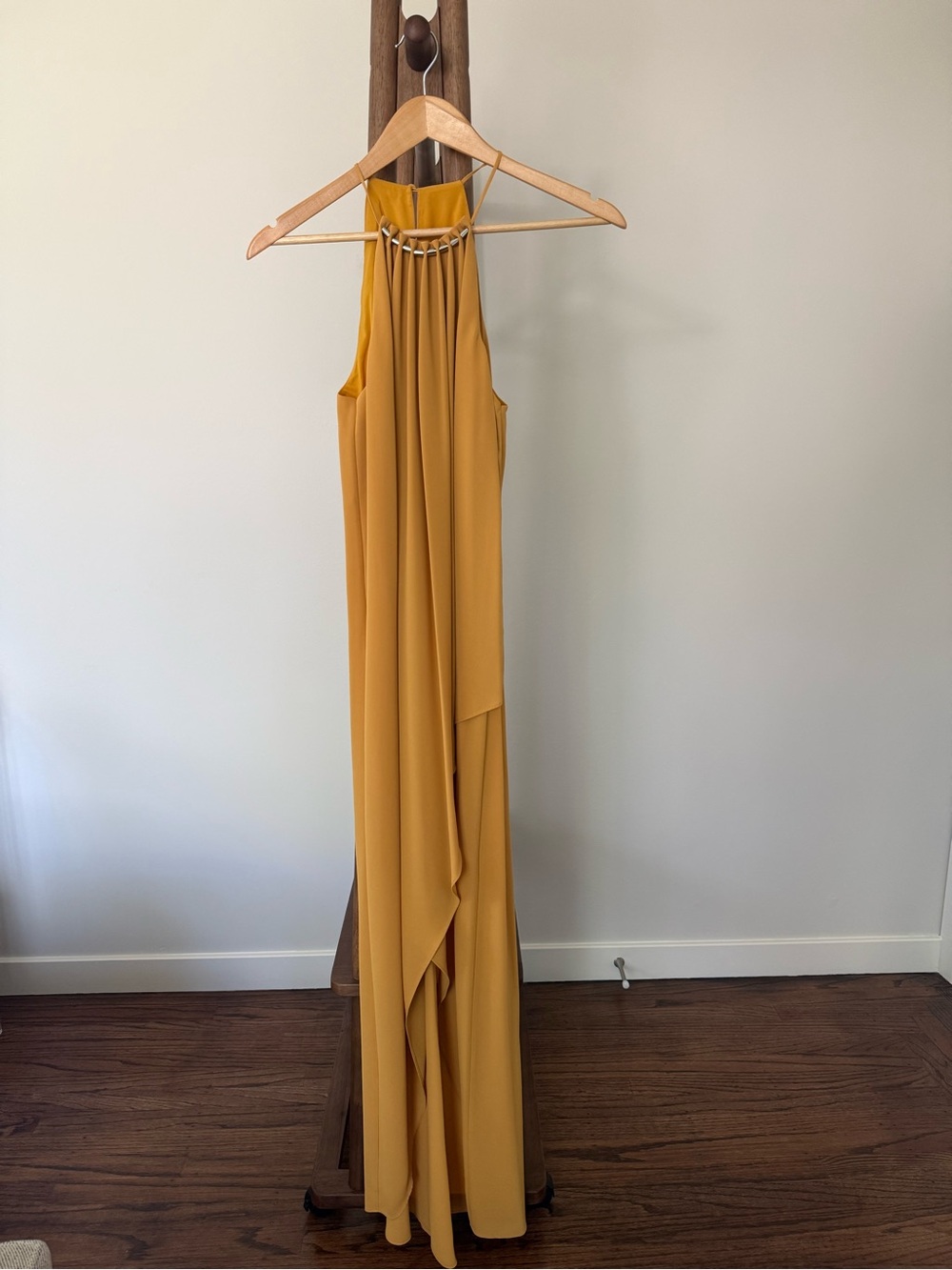 BCBGMAXAZRIA Mustard Yellow Halter Maxi Dress Metal Collar Accent (Size XS)